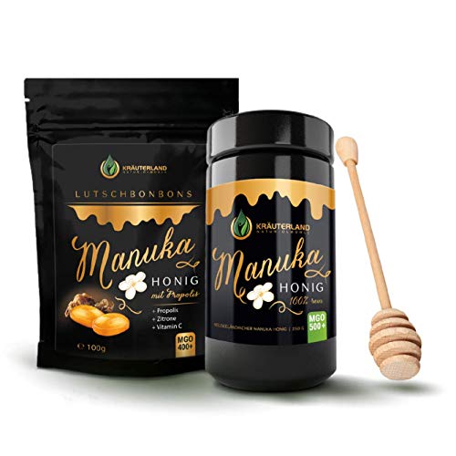 Kräuterland - Manuka Honig MGO 500+ Set 250g mit Manuka Bonbons 100g - in Miron-Violettglas - mit Honiglöffel (250g / MGO 500+) von KRÄUTERLAND N A T U R - Ö L M Ü H L E