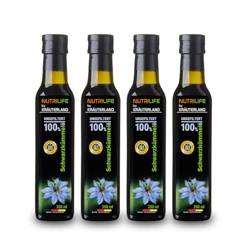 Kräuterland Schwarzkümmelöl 4x250ml (1Liter), ungefiltert, schonend kaltgepresst, reich an Thymoquinon, täglich mühlenfrisch direkt von unserer hessischen Ölmühle von KRÄUTERLAND N A T U R - Ö L M Ü H L E