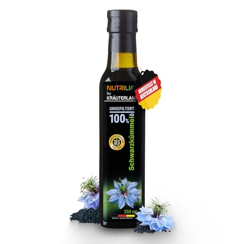 Kräuterland Schwarzkümmelöl 250ml, ungefiltert, Omega 3-6-9, ohne Zusatz von Aromen & Konservierungsstoffe, hoher Thymochinin, vegan, mild, kaltgepresst, mühlenfrisch aus unsrer hessischen Ölmühle von KRÄUTERLAND N A T U R - Ö L M Ü H L E