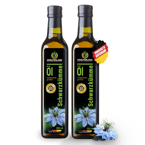 Kräuterland Schwarzkümmelöl 2X500ml (1Liter), gefiltert, naturrein ohne Zusatzstoffe, hoher Thymochinon, kaltgepresst, vegan, mild, glasflasche, mühlenfrisch direkt aus unsrer hessischen Ölmühle von KRÄUTERLAND N A T U R - Ö L M Ü H L E