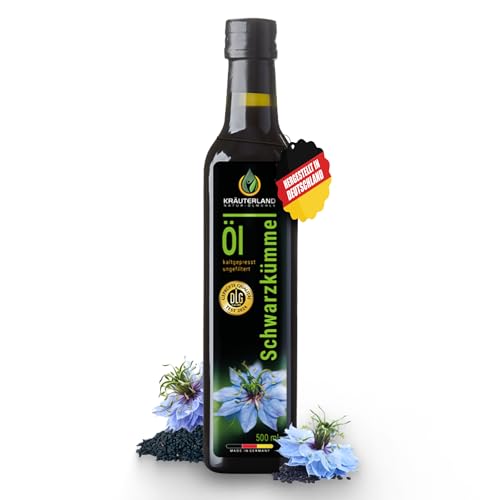 Kräuterland Schwarzkümmelöl 500ml, ungefiltert, naturrein ohne Zusatzstoffe, 100% Nigella Sativa, Omega 3-6-9, vegan, mild, kaltgepresst, glasflasche, mühlenfrisch aus unsrer hessischen Ölmühle von KRÄUTERLAND N A T U R - Ö L M Ü H L E