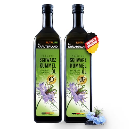 NUTRILIFE by Kräuterland Schwarzkümmelöl 2X1L (2Liter), ungefiltert, 100% Nigella Sativa, naturrein ohne Zusatzstoffe, Omega 3-6-9, kaltgepresst, vegan, mühlenfrisch aus unsrer hessischen Ölmühle von KRÄUTERLAND N A T U R - Ö L M Ü H L E