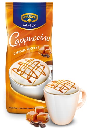 KRÜGER Family Cappuccino Caramel-Krokant, aromatisiertes Getränkepulver mit löslichem Bohnenkaffee, koffeinhaltig, 500 g Beutel von Krüger