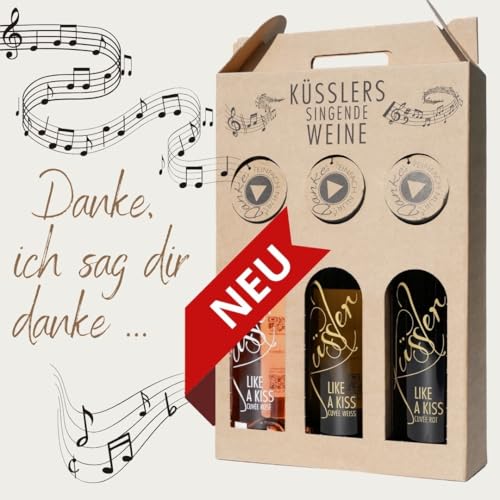 Neu! SINGENDER WEIN als DANKESCHÖN – 3 x Cuvée rosé mit eigenem DANKE-Lied – im nachhaltigen Geschenkkarton - das ideale Weingeschenk! von KÜSSLER LIKE A KISS