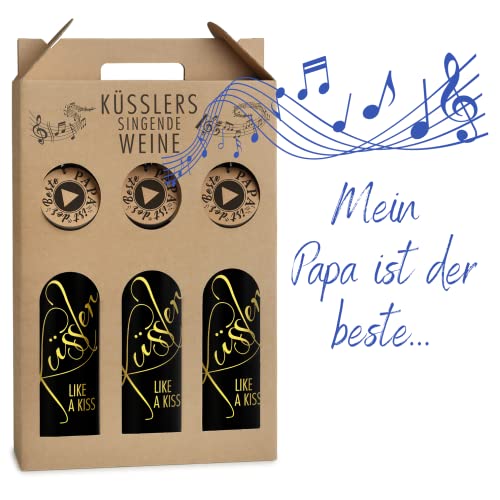 Neu! SINGENDER WEIN für den besten PAPA – 3 x Cuvée rosé mit eigenem Papa-Song – im nachhaltigen Geschenkkarton - das ideale Weingeschenk! von KÜSSLER LIKE A KISS