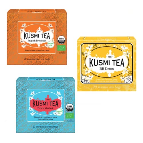 Kusmi Tea® | BIO-Schwarztee-Zitrus-Vanille-Gewürze - 20 Filter | Bio-Schwarztee Englisches Frühstück – 20 Filter | BIO-Grüntee Grapefruit Mate Fenchel – 20 Filter von KUSMI TEA