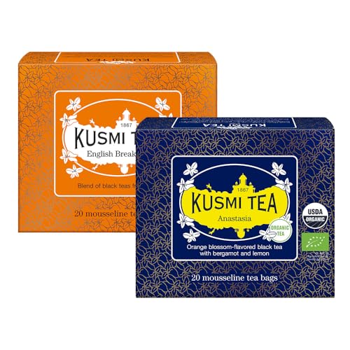 Kusmi Tea - 2er Pack - English Breakfast + Anastasia - Bio Asiatische Schwarzteemischung + Bio Schwarzer Tee mit Bergamotte, Aromatisiert Orangenblüte - 2x20 Teebeutel von KUSMI TEA