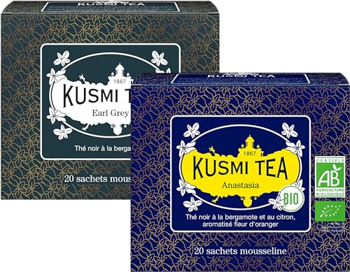 Kusmi Tea - 2er - Packung - Earl Grey Bio Schwarztee mit Bergamotte + Anastasia Tee bio Schwarztee mit Bergamotte, aromatisiert mit Orangenblüten - Emblematischer Earl Grey Tee. von KUSMI TEA