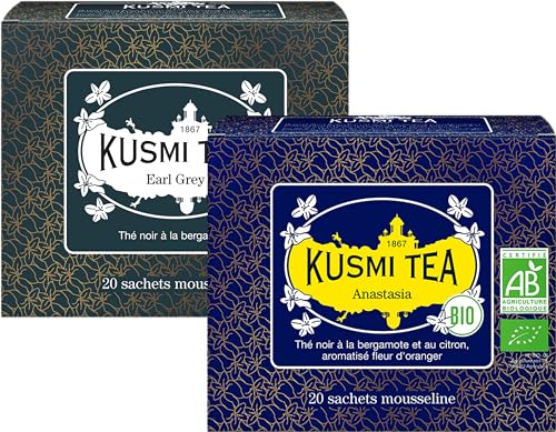 Kusmi Tea - 2er Pack - Earl Grey + Anastasia - Bio Schwarztee mit Bergamotte + Bio Schwarztee mit Bergamotte, aromatisiert mit Orangenblüten - Emblematischer Earl Grey Tee - 2x20 Teebeutel von KUSMI TEA