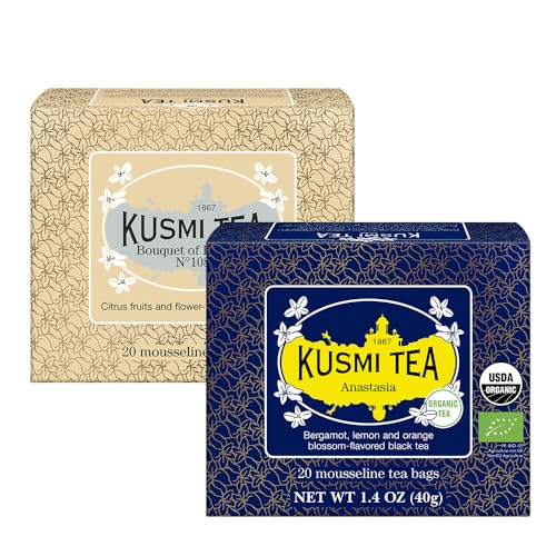 Kusmi Tea - Anastasia + Bouquet of Flowers n°108-2er-Pack - Biologischer Schwarzer Tee mit Bergamotte + Biologischer Schwarzer Tee Earl Grey mit Bergamotte und Ylang-Ylang - 2x20 Teebeutel. von KUSMI TEA