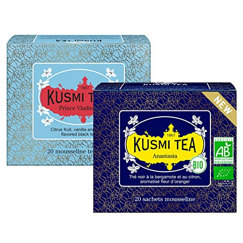 Kusmi Tea - 2er Pack - Anastasia + Prinz Wladimir - Bio Schwarzer Tee, Aromatisiert - Ikonischer Earl Grey mit Bergamotte, Orange und Zitrone - Koffeinhaltiger Tee - 2x20 Teebeutel von KUSMI TEA