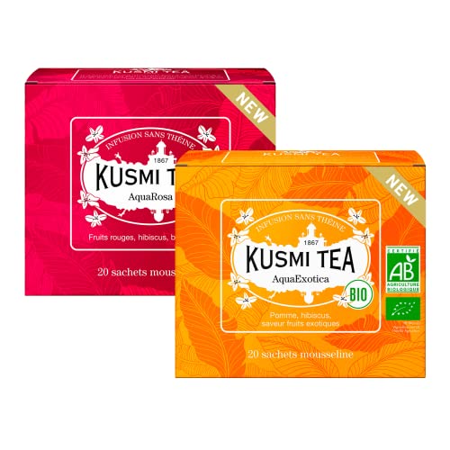Kusmi Tea - AquaExotica & AquaRosa Bio-Früchtetee - Bio-Kräutertee ohne Theine - Heiß oder als Eistee - 2 Boxen - 2x20 Mousseline Teebeutel - Etwa 40 Tassen von KUSMI TEA