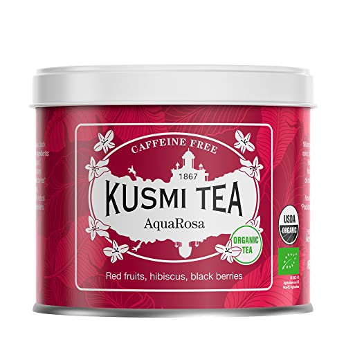 Kusmi Tea - AquaRosa bio Teemischung mit Hibiskus, Schwarzen Beeren und Roten Früchten - Gourmet Früchtetee - Koffeinfreier Hibiskustee - Heiß oder als Eistee - 100 g Metalldose von KUSMI TEA