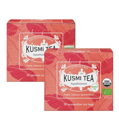 Kusmi Tea - AquaSummer - 2er Pack - Bio-Früchteteemischung aus Hibiskus, Apfel, Aprikose und Pfirsich - Koffeinfreier Hibiskustee - Heiß oder als Eistee genießen - 2x20 Teebeutel von KUSMI TEA