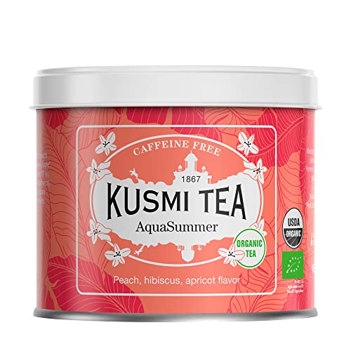 Kusmi Tea AquaSummer Bio - Hibiskus- und Früchtemischung mit Pfirsich und Aprikosen Geschmack - Heiß oder als Eistee genießen - Loser Früchtetee - 100 g Metall Teedose von KUSMI TEA