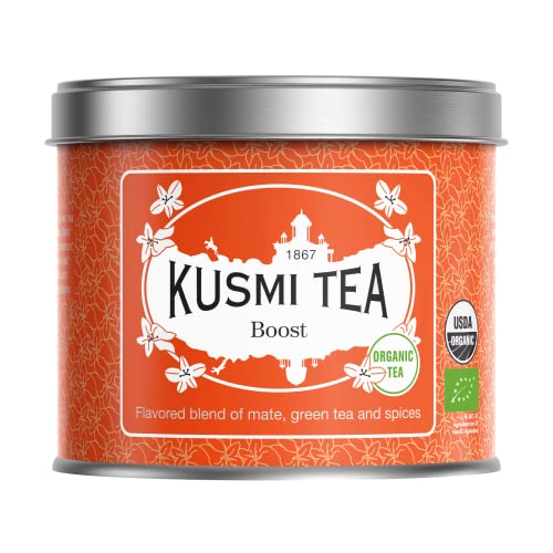 Kusmi Tea - Bio Boost Tee - Aromatisierte Mischung aus Mate, Grüntee und Gewürzen - Zimt, Kardamom und Ingwer - Rezeptur Tonic - 100g Dose von KUSMI TEA