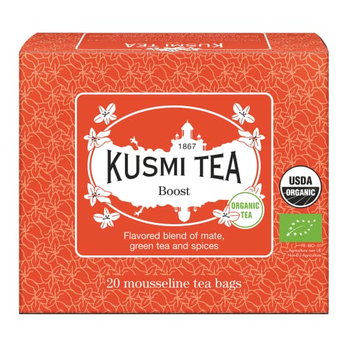 Kusmi Tea - Bio Boost Tee - Aromatisierte Mischung aus Mate, Grüntee und Gewürzen - Zimt, Kardamom und Ingwer - Tonic Rezept - Packung mit 20 Musselinbeuteln von KUSMI TEA