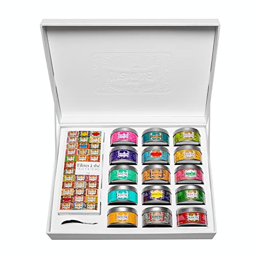 Kusmi Tea - Die Kollektion - Box mit 15 Metalldosen à 25g Aromatisierter Tee und Kräutertee in Massenpackungen - Mit Box mit 100 Teefiltern und graviertem Löffel von KUSMI TEA