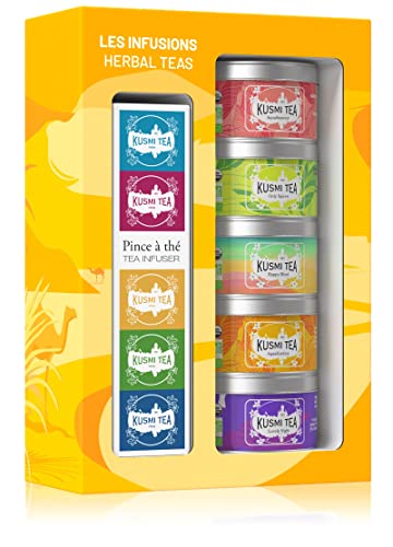 Kusmi Tea - Geschenkset The Herbal Teas Bio mit Teezange für Losen Tee - Bio Kräuter & Früchtetee - Hibiskustee, Kamillentee, Ingwertee - Auswahl von 5 Dosen zu 25g - Idee Geburtstagsgeschenk von KUSMI TEA