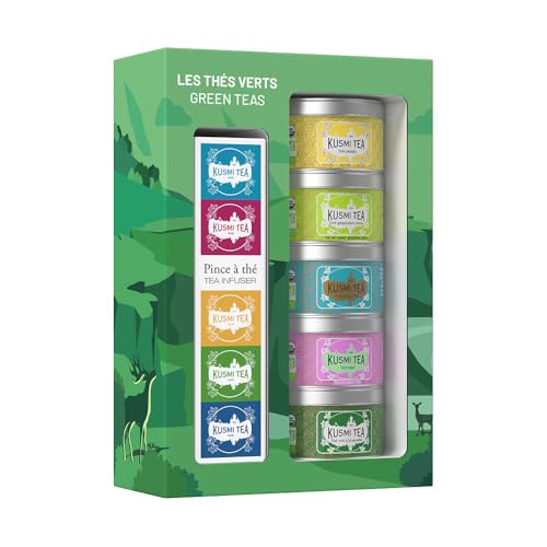 Kusmi Tea - Geschenkset Grüner Tee Bio mit Teezange für Losen Tee - Spearmint Tee, Jasmintee - Geschenkset Green Teas bio - 5 Dosen zu 25g - Idee Geburtstagsgeschenk für Frauen und Männer von KUSMI TEA