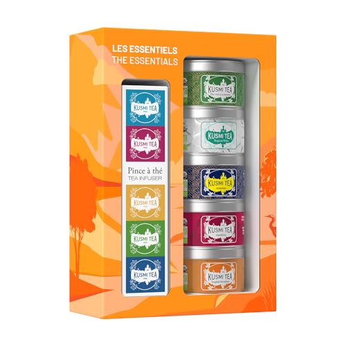 Kusmi Tea - Geschenkset The Essentials Bio mit Teezange für Losen Tee - Grüner Tee, Schwarzer Tee, Hibiskustee - Auswahl von 5 Aromen - 5 Dosen zu 25g - Idee Geburtstagsgeschenk für Frauen und Männer von KUSMI TEA