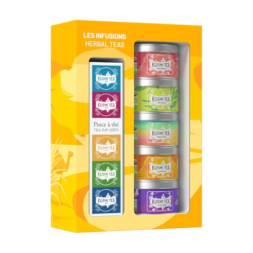 Kusmi Tea - Geschenkset The Herbal Teas Bio mit Teezange für Losen Tee - Bio Kräuter & Früchtetee - Hibiskustee, Kamillentee, Ingwertee - Auswahl von 5 Dosen zu 25g - Idee Geburtstagsgeschenk von KUSMI TEA