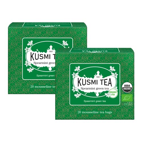 Kusmi Tea Grüner Tee mit Minze BIO- Heiß oder Eisgekühlt Genießen - Traditionell Durstlöschender Tee mit Gunpowder Grüntee und Minzblättern - 2 Boxen - 2x20 Mousseline Teebeutel - Etwa 40 Tassen von KUSMI TEA