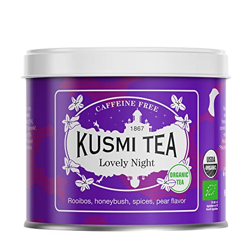 Kusmi Tea Lovely Night Bio - Schlaftee Mischung aus Pflanzen und Gewürzen mit Birnenaroma - Honigbusch, Lindenblüten, Eisenkraut und Rooibos - Loser Tee Koffeinfrei - 100 g Metall Teedose von KUSMI TEA