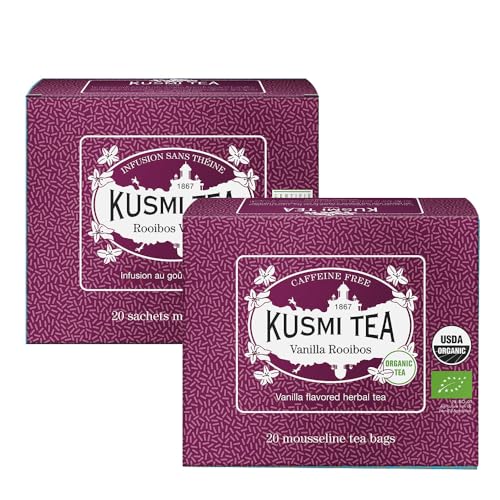 Kusmi Tea - Rooibos Vanille - 2er-Pack - Rotbusch Bio Tee mit Vanille Aroma - Teemischung mit süßem Vanille-Geschmack - Koffeinfreier Tee- Heiß oder als Eistee genießen - 2x20 Teebeutel von KUSMI TEA