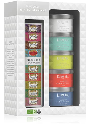 Kusmi Tea - Set 5 Miniaturen Sélection Alain Ducasse mit Teezange - Weißer Tee, Jadeperlen, Hojicha, Long Jing - Loser Tee - 5 Dosen zu 25g - Idee Geburtstagsgeschenk von KUSMI TEA