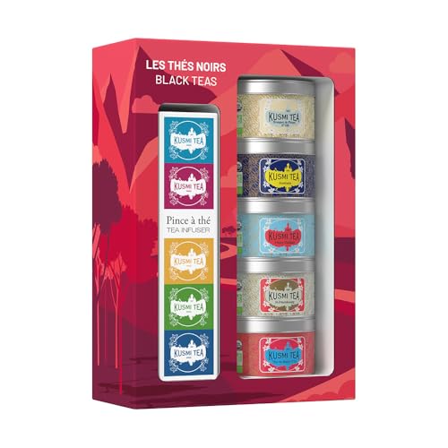 Kusmi Tea - Geschenkset Black Teas Bio mit Teezange - Schwarzer Tee für Frauen und Männer - Earl Grey Tee - Eine Auswahl von 5 Sorten - Loser Tee - 5 Dosen zu 25g - Idee Geburtstagsgeschenk von KUSMI TEA