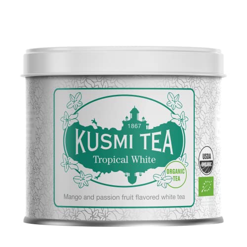 Kusmi Tea - Tropical White - Bio-Mischung aus weißen und grünen Tees mit Mango und Passionsfrucht - aromatisierte weißer Tee - Heiß oder als Eistee genießen - 100g Metalldose für etwa 50 Tassen von KUSMI TEA