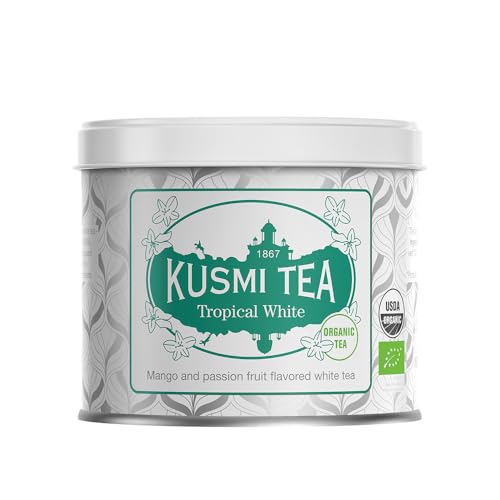 Kusmi Tea - Tropical White - Bio-Mischung aus weißen und grünen Tees mit Mango und Passionsfrucht - aromatisierte weißer Tee - Heiß oder als Eistee genießen - 100g Metalldose für etwa 50 Tassen von KUSMI TEA