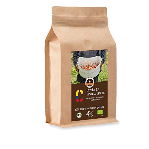 Kaffee Globetrotter - Bio Colombia Excelso EP Finca la Lindura - 1000 g Fein Gemahlen - für Kaffee-Vollautomat, Kaffeemühle, Handmühle - Spitzenkaffee - Röstkaffee aus biologischem Anbau von Kaffee Globetrotter