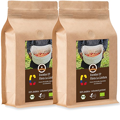 Kaffee Globetrotter - Colombia Excelso EP Finca la Lindura - Bio - 2 x 1000 g Ganze Bohne - für Kaffee-Vollautomat, Kaffeemühle - Röstkaffee aus biologischem Anbau | Nachfüllpack Sparpack von Kaffee Globetrotter