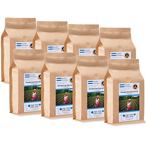 Kaffee Globetrotter - Kaffee Mit Herz - Nicaragua Fancy Flores del Café - 8 x 1000 g Ganze Bohne - für Kaffee-Vollautomat, Kaffeemühle - Röstkaffee Fair Gehandelt | Gastropack Sparpack von Kaffee Globetrotter