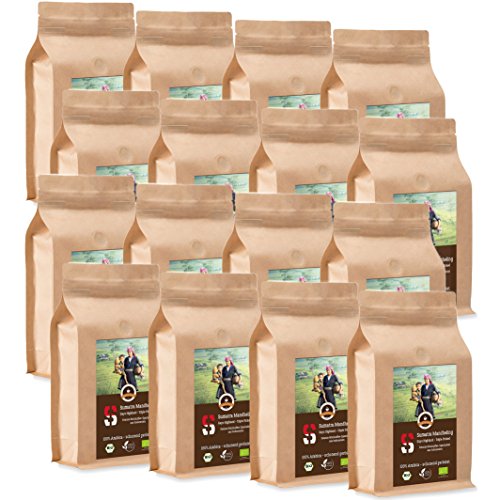 Kaffee Globetrotter - Sumatra Mandheling Gayo Highland - Bio - 16 x 1000 g Sehr Fein Gemahlen - für Kaffee-Vollautomat, Kaffeemühle - Röstkaffee aus biologischem Anbau | Gastropack Sparpack von Kaffee Globetrotter