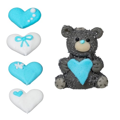 Backdekorationen 3D Babyset in blau 5 Stück, Herzenmotive & eine Bärenzuckerfigur als Zuckerdekor zum Backen von Cupcakes & Muffins, ideal für Babyshowers & Gender Reveal Partys von Kaffeehaus Diamant