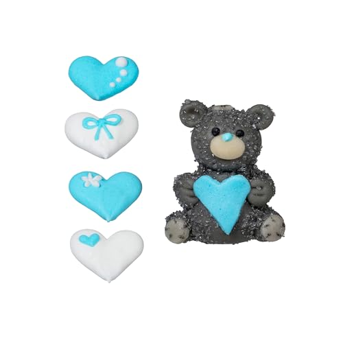 Backdekorationen 3D Babyset in blau 5 Stück, Herzenmotive & eine Bärenzuckerfigur als Zuckerdekor zum Backen von Cupcakes & Muffins, ideal für Babyshowers & Gender Reveal Partys von Kaffeehaus Diamant