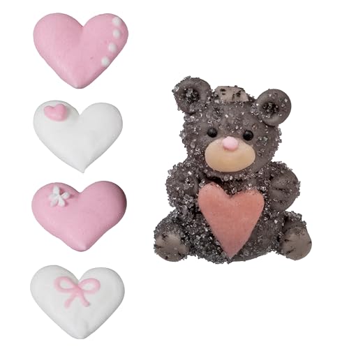 Backdekorationen 3D Babyset in rosa 5 Stück, Herzenmotive & eine Bärenzuckerfigur als Zuckerdekor zum Backen von Cupcakes & Muffins, ideal für Babyshowers & Gender Reveal Partys von Kaffeehaus Diamant