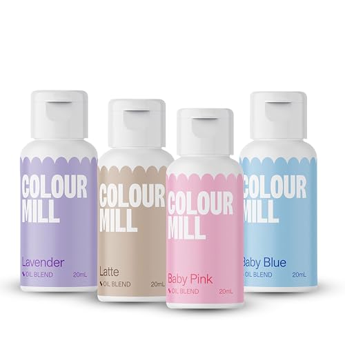 Colour Mill Lebensmittelfarbe pastell Set – 4 x 20ml Ölbasiert (Baby Blue, Baby Pink, Latte, Lavender) – UV-beständig – Perfekt für Backen & als Backzubehör für Torten, Muffins & Tortendeko von Kaffeehaus Diamant