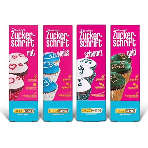 Decocino Zuckerschrift Set, 4er Set, je 18g, mit den kräftigen Farben Gold, Rot, Schwarz und Weiß, essbare Dekorschrift für Torten, Kuchen und Cupcakes, vegan, vegetarisch und glutenfrei von Kaffeehaus Diamant