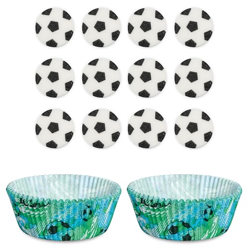 Fußball Muffinförmchen 60 Stück & Fußball Backdekorationen 12 Stück, Muffinförmchen aus Papier & Fußball Zuckerdekor zum Backen von Cupcakes & Muffins, ideal für Kinder-Geburtstage & Einschulungen von Kaffeehaus Diamant