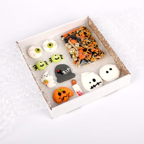 Halloween Zuckerstreussel-Set, essbare Halloween-Deko mit Zuckerfiguren wie Augen, Geister, Grabstein und Spinnen, 10 Figuren & 1x Streudeko, für Cupcakes, Kuchen und als Deko für Torten von Kaffeehaus Diamant