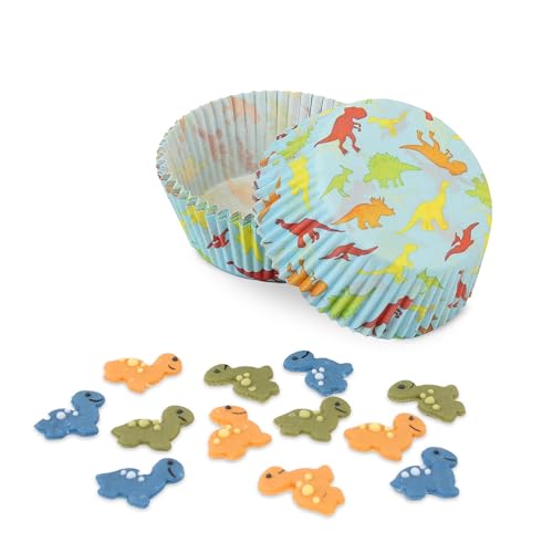 Kaffeehaus Diamant Dino Muffinförmchen 50 Stück & Dino Backdekorationen 12 Stück, Muffinförmchen aus Papier & Dino Zuckerdekor zum Backen von Cupcakes & Muffins, ideal für Kinder-Geburtstage & Partys von Kaffeehaus Diamant