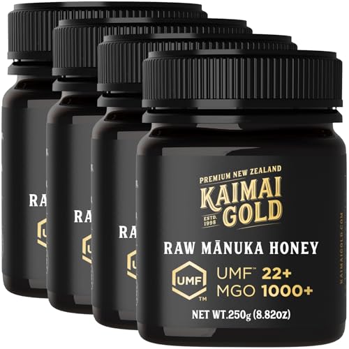 Kaimai Gold MGO 1000+ / UMF 22+ Manuka Honig * 4x 250G Premium Monofloral UMF® Zertifizierter Neuseeländischer ManukaHonig * MGO 800 820 = UMF 19, 829 830 850 = UMF 20, 1122 = UMF 24, 1200 = UMF 25 von Kaimai Gold Ltd