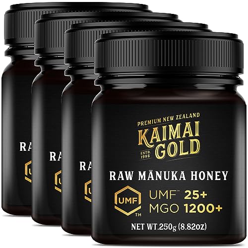 Kaimai Gold MGO 1200+ / UMF 25+ Manuka Honig * 4x250G Premium Monofloral UMF® Zertifizierter Neuseeländischer ManukaHonig * MGO 850 = UMF 20, 1000 = UMF 22, 1046 = UMF 23, 1122 = UMF 24, 1282 = UMF 26 von Kaimai Gold Ltd