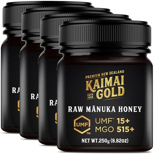 Kaimai Gold MGO 515+ / UMF 15+ Manuka Honig * 4x 250G Premium Monofloral UMF® Zertifizierter Neuseeländischer ManukaHonig * MGO 400 = UMF 12, 420 450 = UMF 13, 514 550 = UMF 15, 600 625 = UMF 16 von Kaimai Gold Ltd