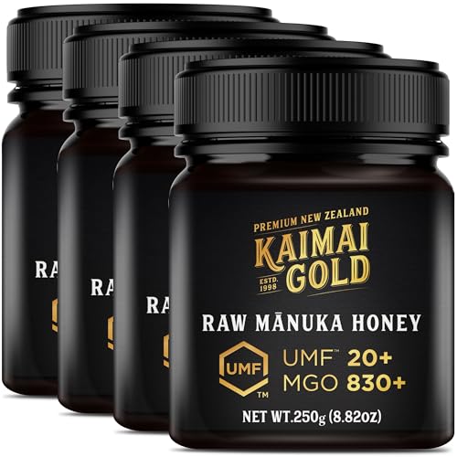 Kaimai Gold MGO 830+ / UMF 20+ Manuka Honig * 4x 250G Premium Monofloral UMF® Zertifizierter Neuseeländischer ManukaHonig * MGO 696 700 720 = UMF 18, 800 820 = UMF 19, 829 850 = UMF 20, 1000 = UMF 22 von Kaimai Gold Ltd