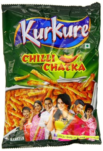 KURKURE Chili Chataka 6 Stück - Knuspriger Snack mit würzigem, frechem Geschmack - Indische Spezialität aus Reismehl, Maismehl und aromatischen Gewürzen von Kajal